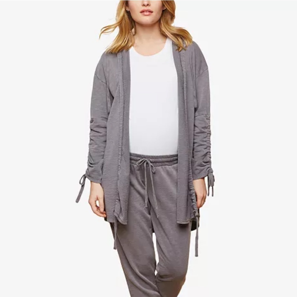 Motherhood Maternity Hooded Sweatshirt Size Small Open Front Cardigan Ruche Gray